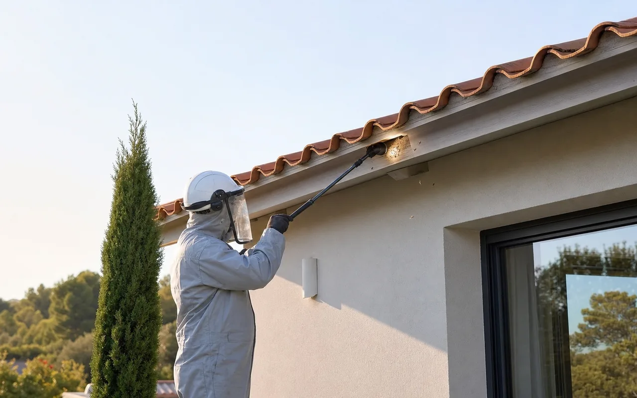 Técnico inspeccionando la entrada de avispas bajo las tejas de una vivienda en Manresa