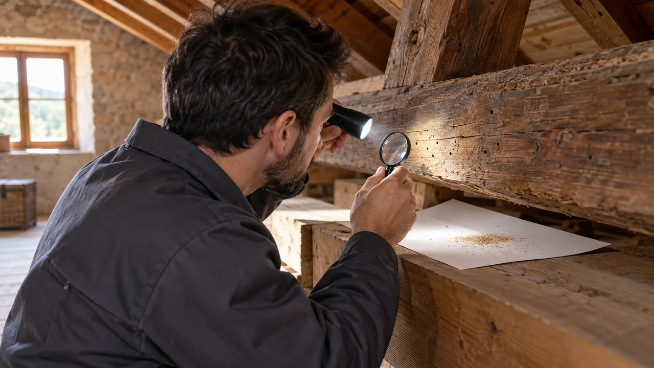 Técnico inspeccionando con linterna y lupa una viga de madera con serrín fino en un desván del Bages
