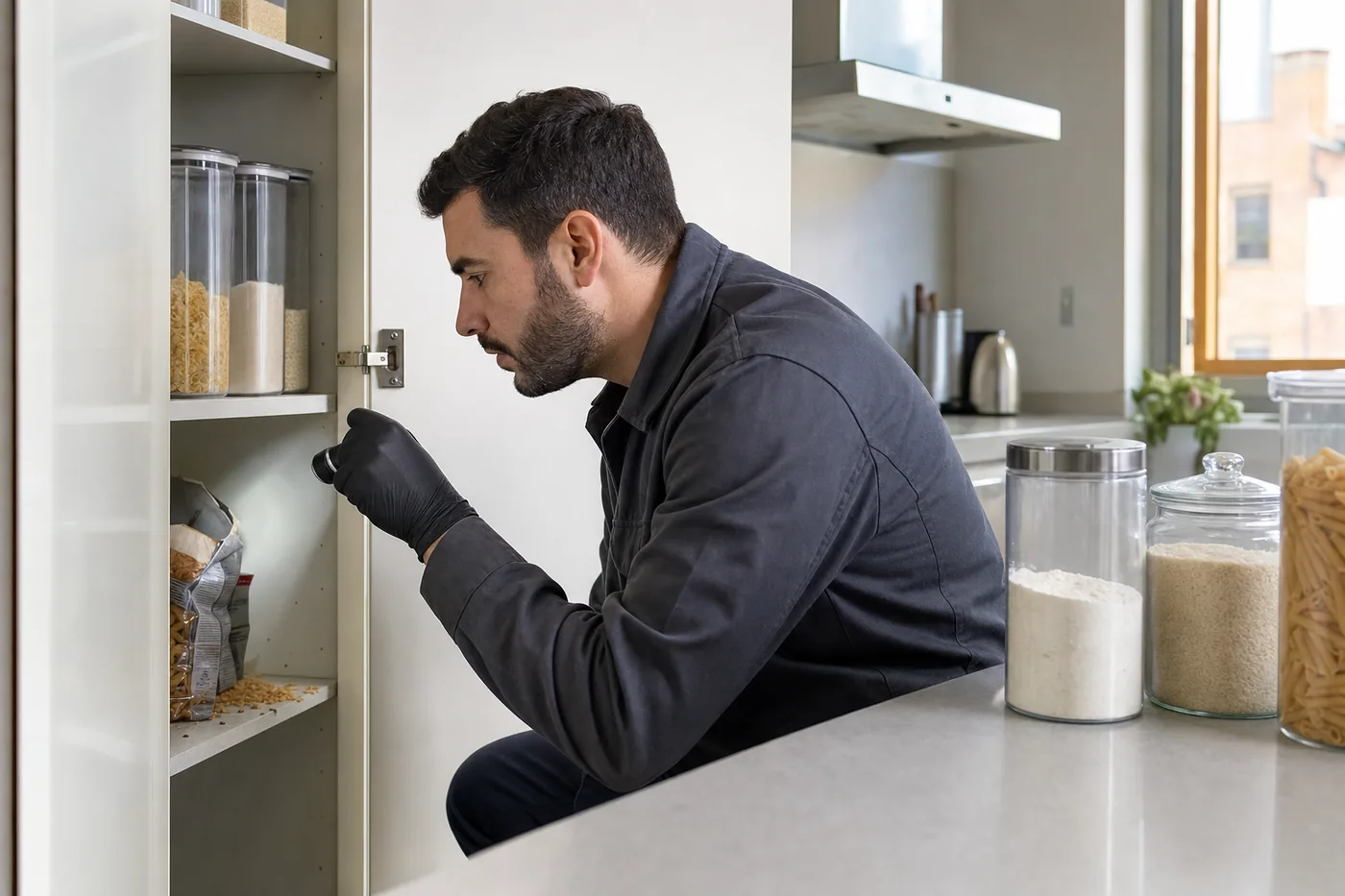 Técnico inspeccionando alimentos secos por gorgojos en una despensa de Manresa