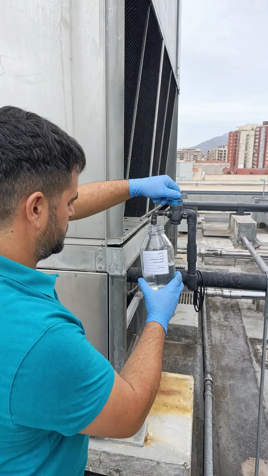 Técnico tomando muestras de agua para el control de legionela